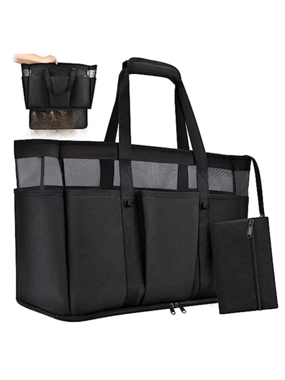 Large Beach Bag with Zipper Waterproof Sandproof 12 Pockets Pool Tote